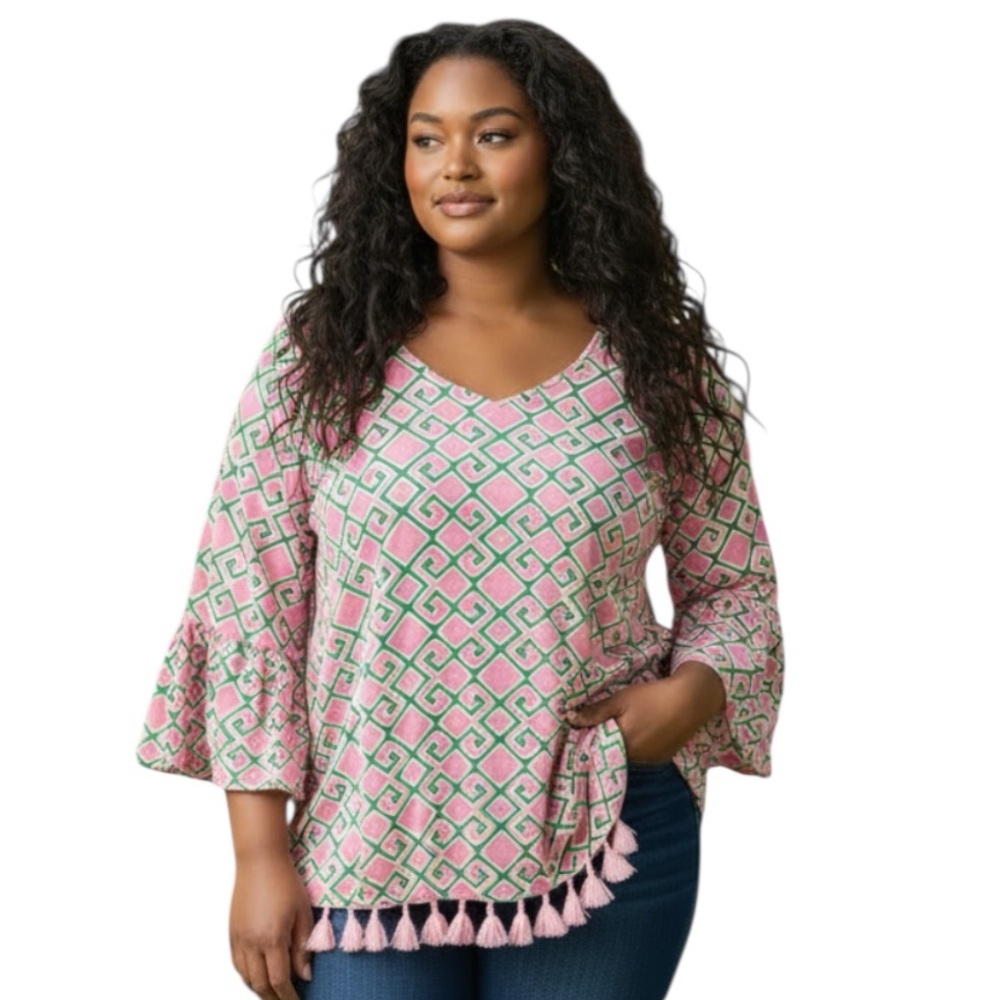 Pink Green Geometric Tassel Tunic Top Boho Bell Sleeve Large
HH